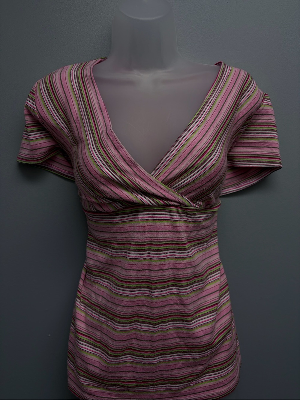 Motherhood Maternity Pink and Green Striped Wrap-Style Short Sleeve Top